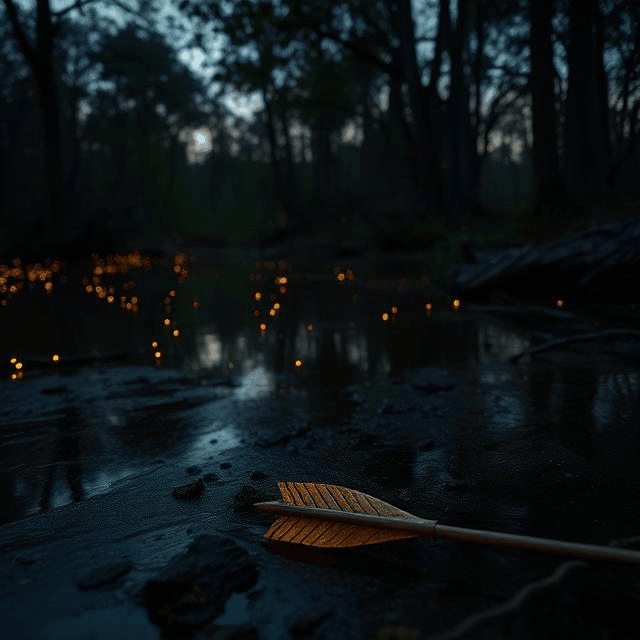Luxapalila Creek at twilight with ghostly settlers and an arrowhead, tied to hidden Alabama history and Luxapalila secrets.