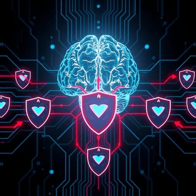 AI-based threat detection systems and AI-based intrusion detection systems depicted as a glowing brain powering a network of cyber shields.
