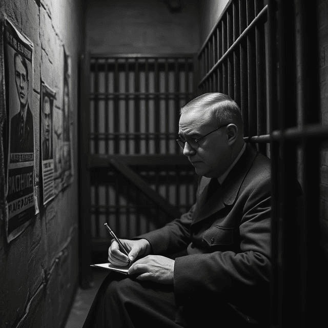 Grayscale scene of Dietrich Bonhoeffer writing in prison, with propaganda hinting at stupidity in society and examples of ignorance in society.