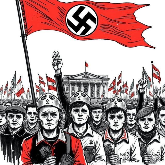 Drawing of a Nazi rally with blank-faced figures, illustrating stupidity in society and examples of ignorance in society.