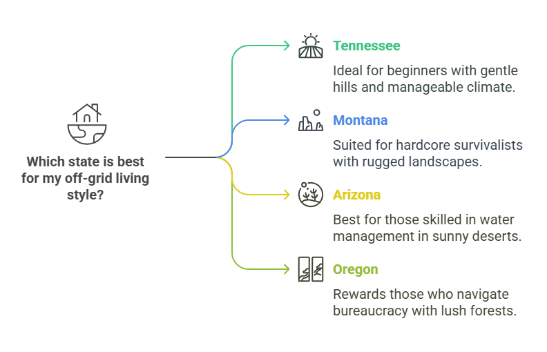 Chart comparing the best states for off-grid living based on climate and regulations.