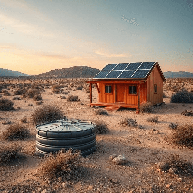 Arizona off-grid homestead featuring solar panels and water storage in the best climate for off-grid living.