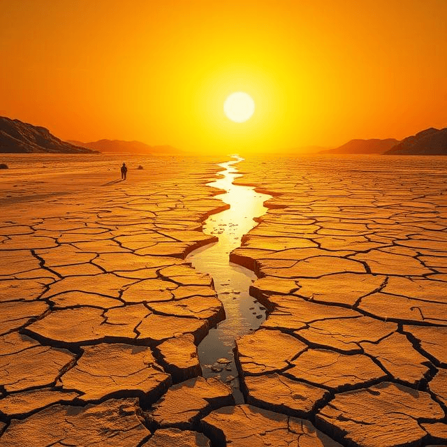 Water scarcity and global warming converge in a dry, cracked desert with a fading river mirage.