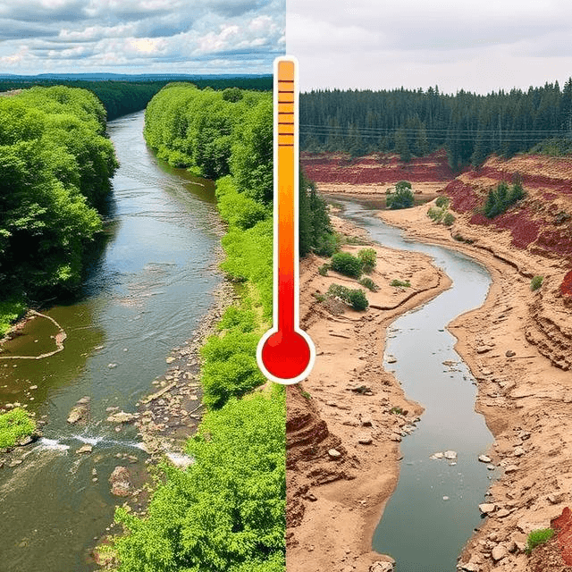 What causes water scarcity shown in a split view of a healthy river versus a dry bed under a warming climate.