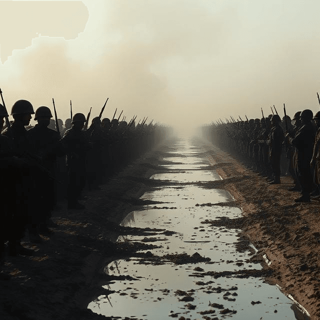Scarcity of water will push world to war depicted by armies facing off over a shrinking river.