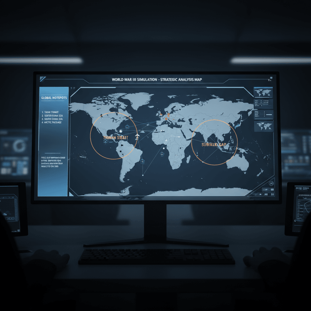 A map for a World War 3 simulation showing strategic analysis of global hotspots and military deployments.