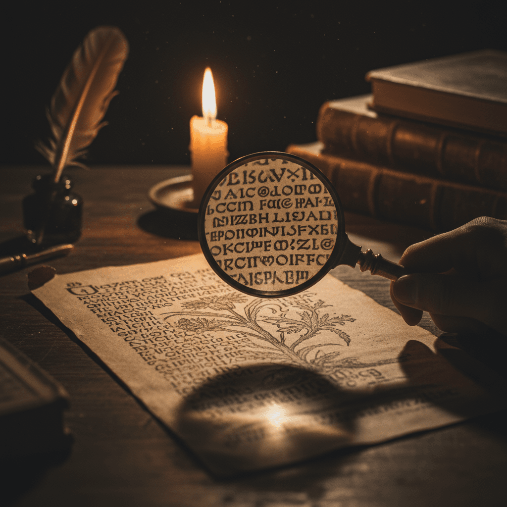 A close-up of a page from the mysterious Voynich Manuscript, showing its unexplained text and bizarre illustrations under a magnifying glass.