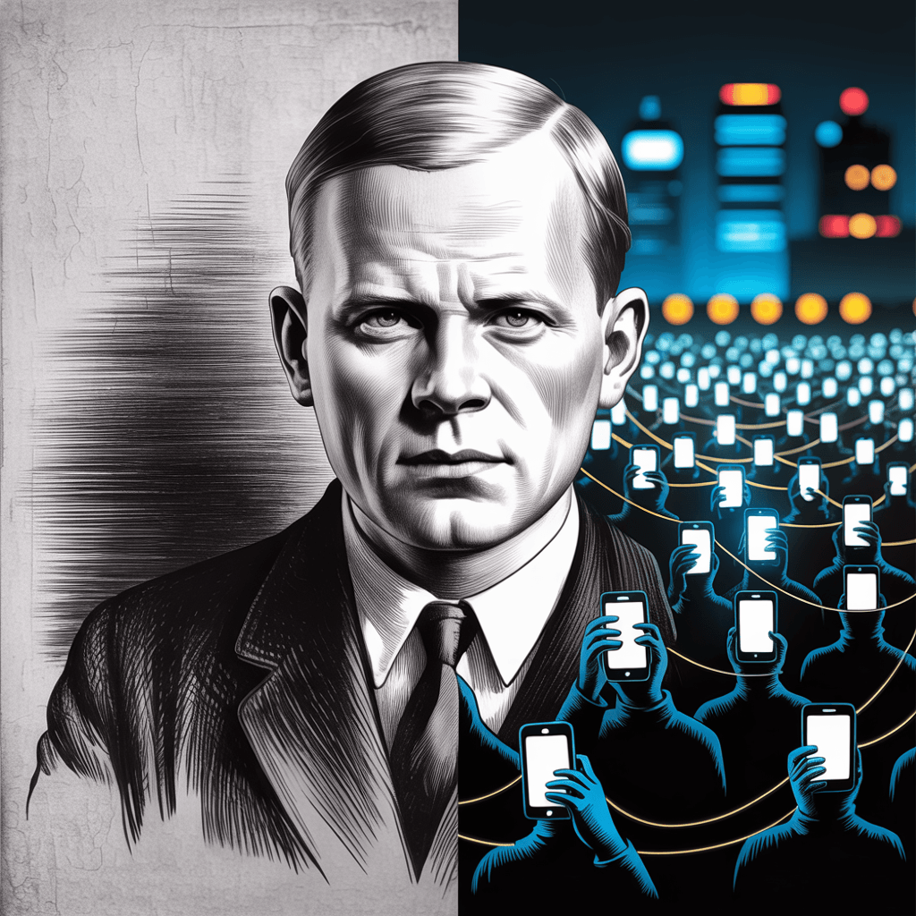 Stupidity in society: A contrast between theologian Dietrich Bonhoeffer and a modern crowd illustrating the concept of societal stupidity and herd mentality.