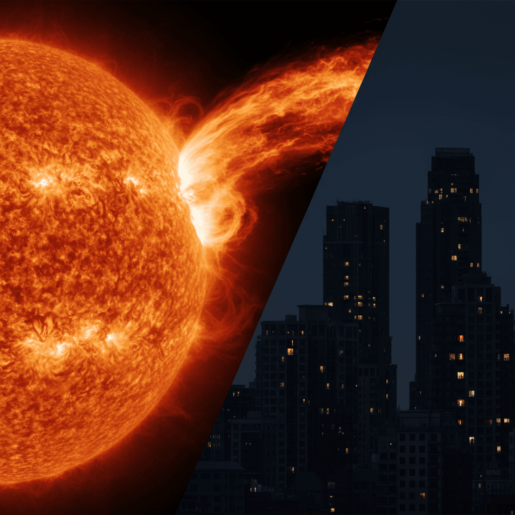 A guide on how to survive a solar storm, showing the sun emitting a flare towards Earth, resulting in a city-wide power outage.