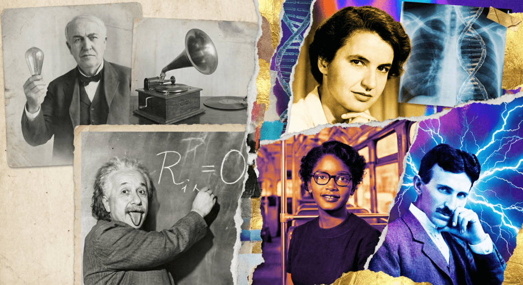 A collage contrasting famous historical figures with forgotten heroes like Rosalind Franklin and Claudette Colvin.
