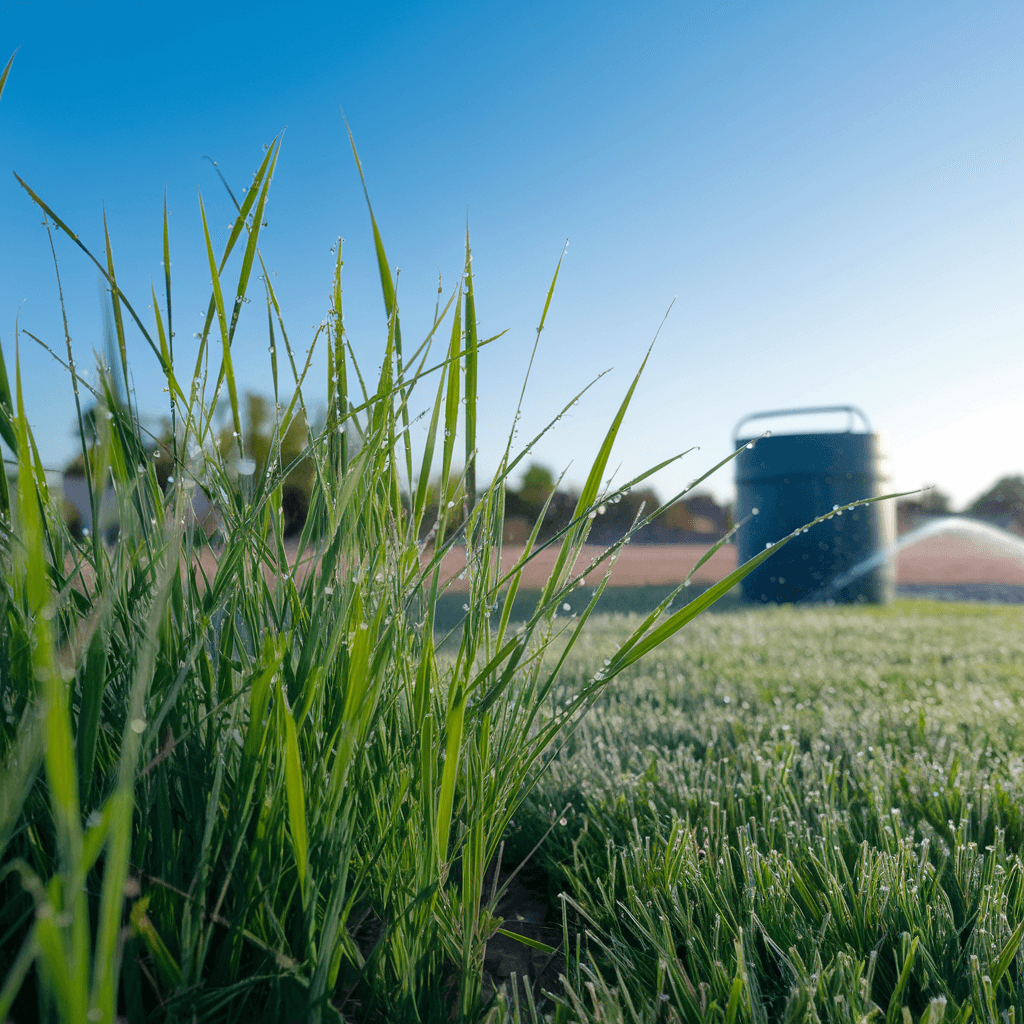 Hand spreading compost on a green lawn with an aerator nearby, highlighting low-water soil fixes during a US drought.