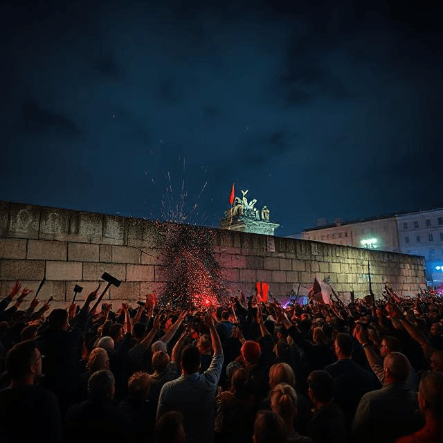 A vivid night scene of the Berlin Wall crumbling, with crowds cheering, hammers swinging, and colorful lights against a dark sky.