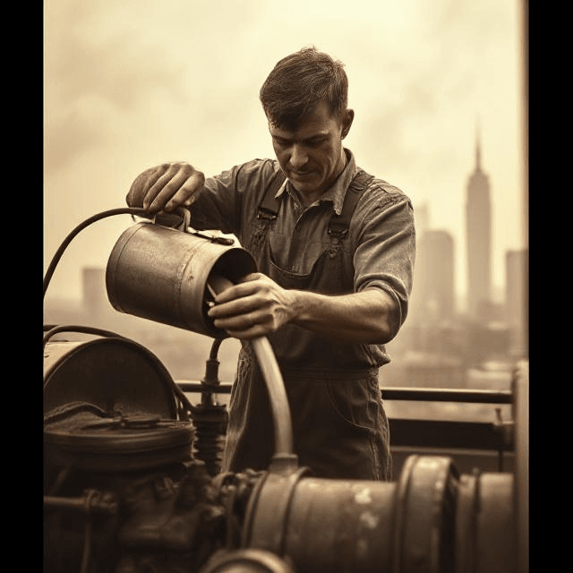Vintage mechanic adding tetraethyl lead, showcasing leaded gasoline effects and environmental disasters caused by inventions.