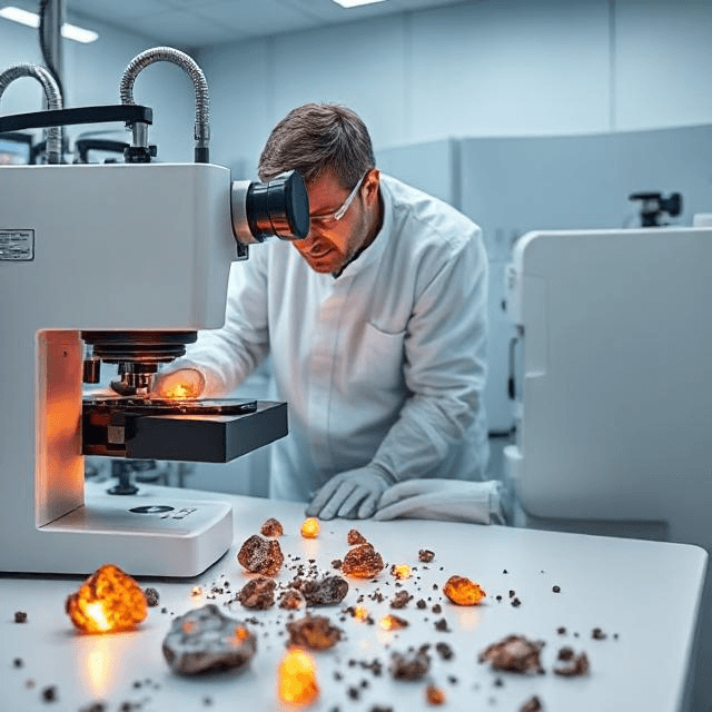 Scientist in cleanroom analyzing meteorites, revealing leaded gasoline effects and environmental disasters caused by inventions.