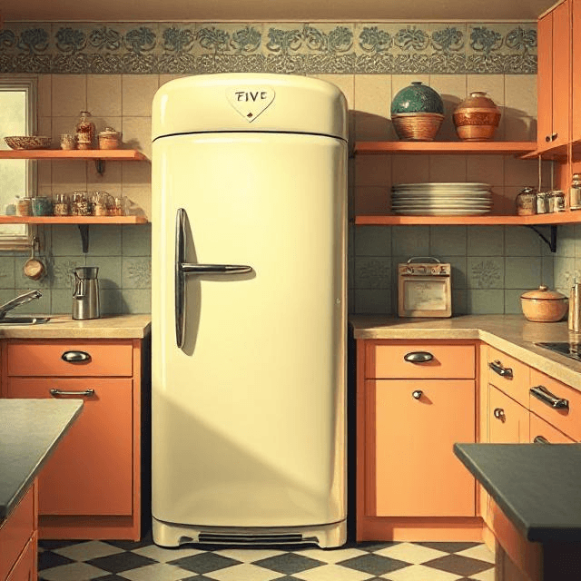 Retro fridge leaking Freon, linking leaded gasoline effects and environmental disasters caused by inventions to ozone damage.