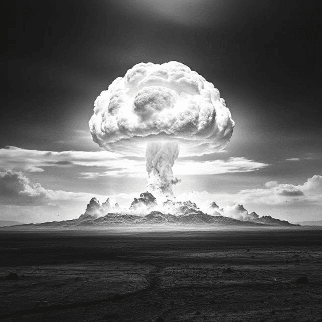 Nuclear explosion with uranium fallout, connecting leaded gasoline effects and environmental disasters caused by inventions.