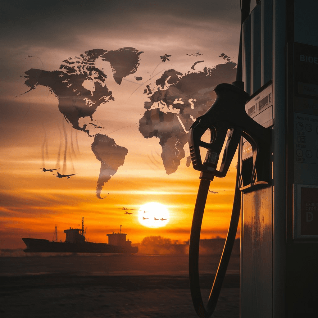 Gas pump under a sunset with oil tankers and warplanes in the sky, symbolizing how faraway wars affect US gas prices.