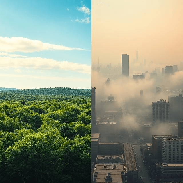 Split forest and city scene, reflecting leaded gasoline effects and environmental disasters caused by inventions.