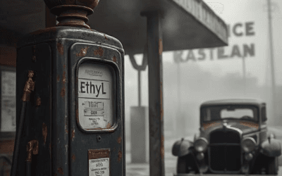 Vintage gas station with Ethyl pump, symbolizing leaded gasoline effects and environmental disasters caused by inventions.