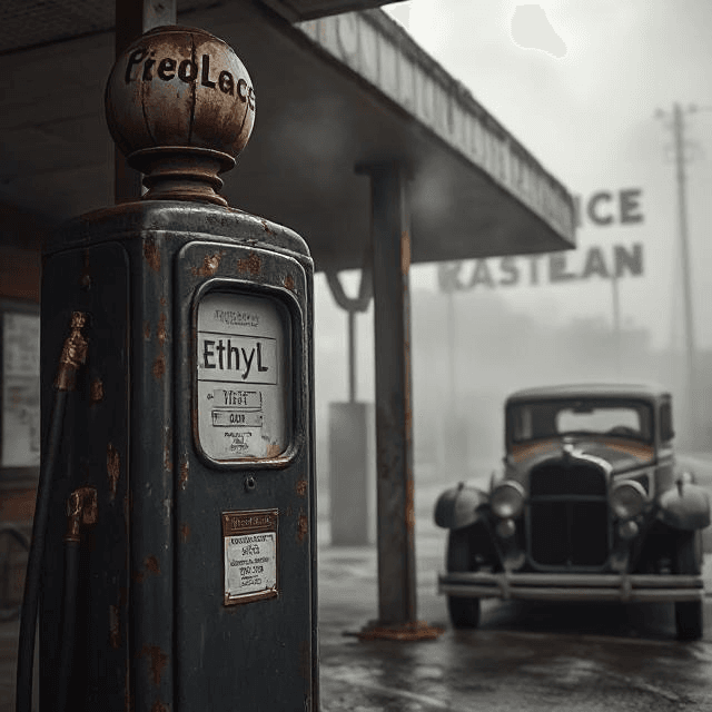 Vintage gas station with Ethyl pump, symbolizing leaded gasoline effects and environmental disasters caused by inventions.