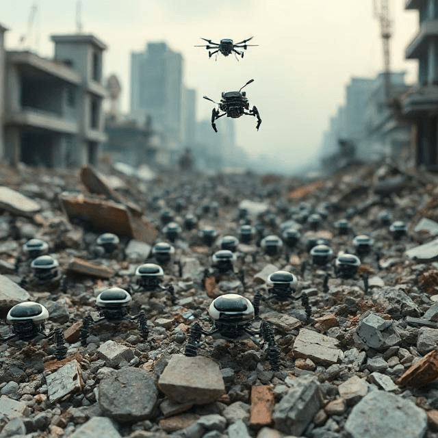 Micro robotics swarm aids disaster relief, highlighting micro robots’ potential.