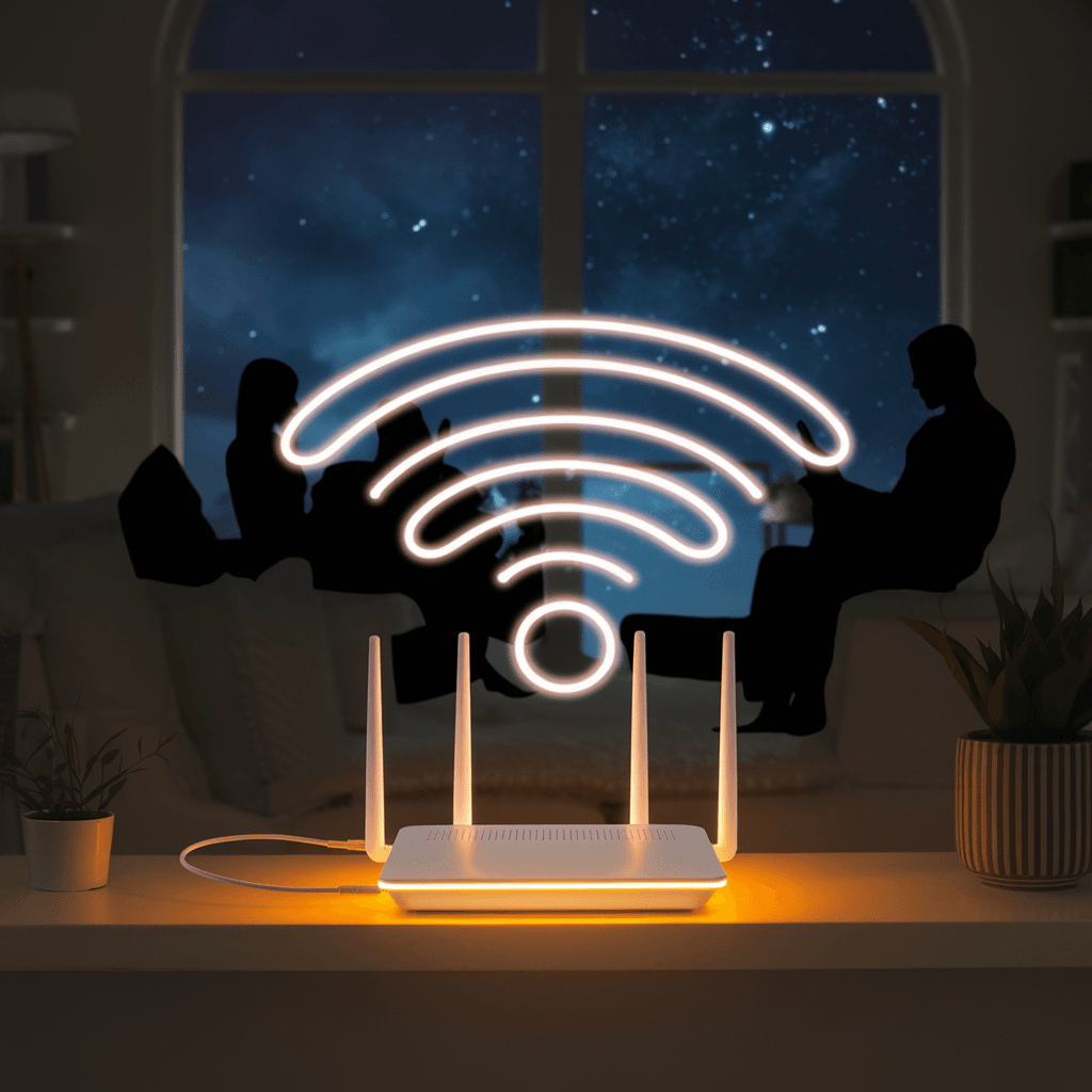 Living room at night with a router emitting clashing Wi-Fi signals, showing why Wi-Fi drops in US homes.