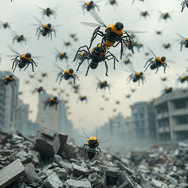 “Micro robots swarm a disaster zone, showcasing micro robotics in action.