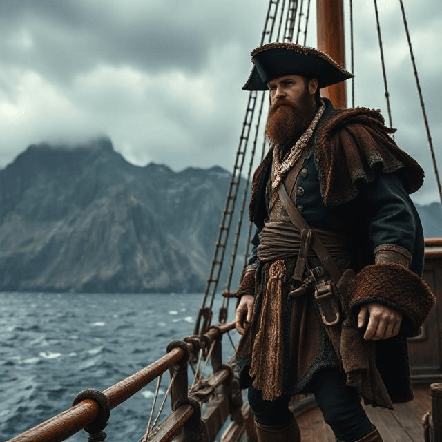 Francis Drake on the Golden Hind near Cape Horn, capturing the daring spirit of his historic voyage.