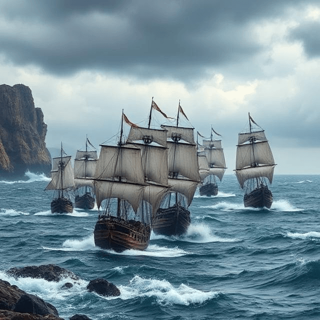 Francis Drake’s fleet navigating stormy seas near Cape Horn, showcasing the perilous journey of exploration and piracy.