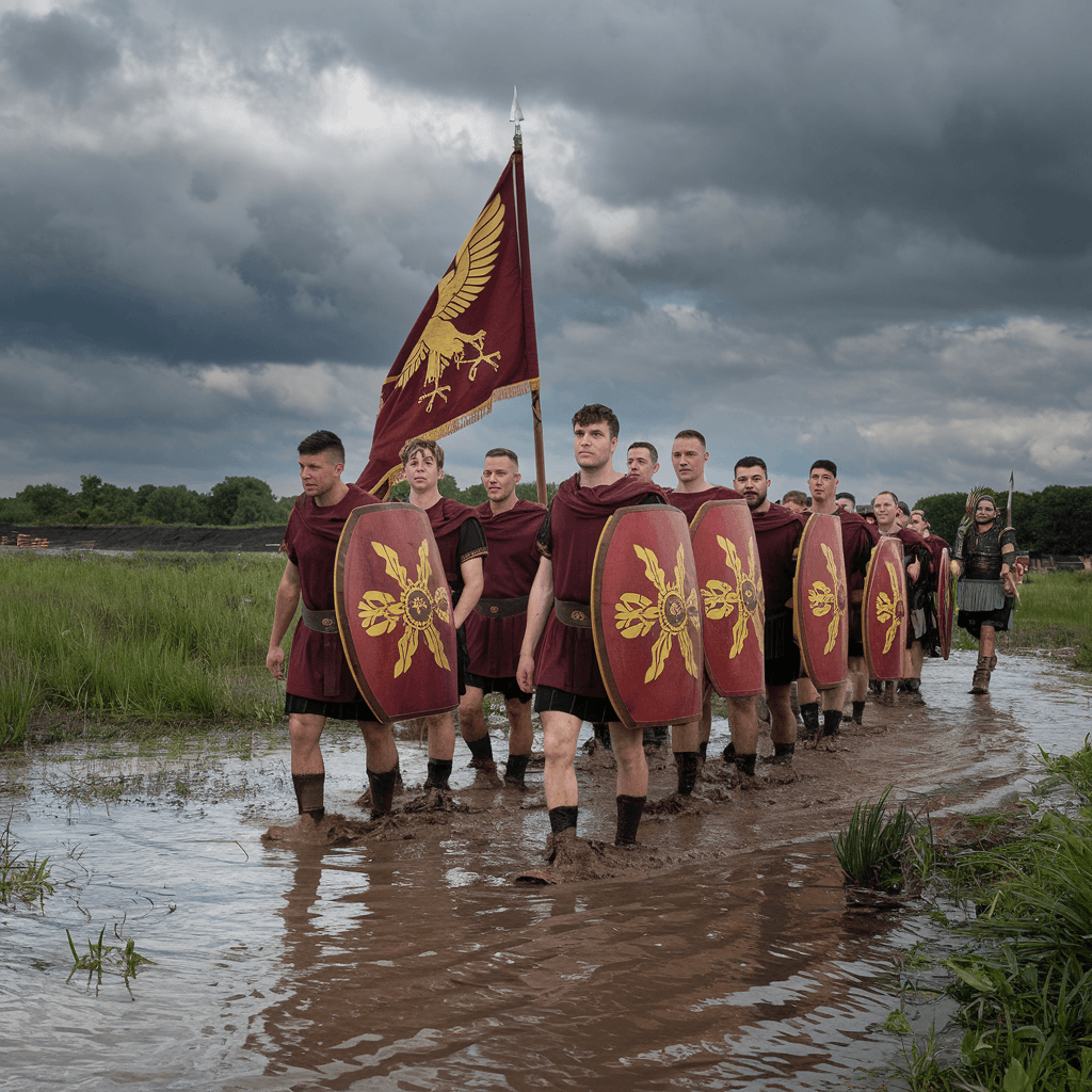 Roman legionary life on a march in the Roman Empire military, Germania, 15 CE.