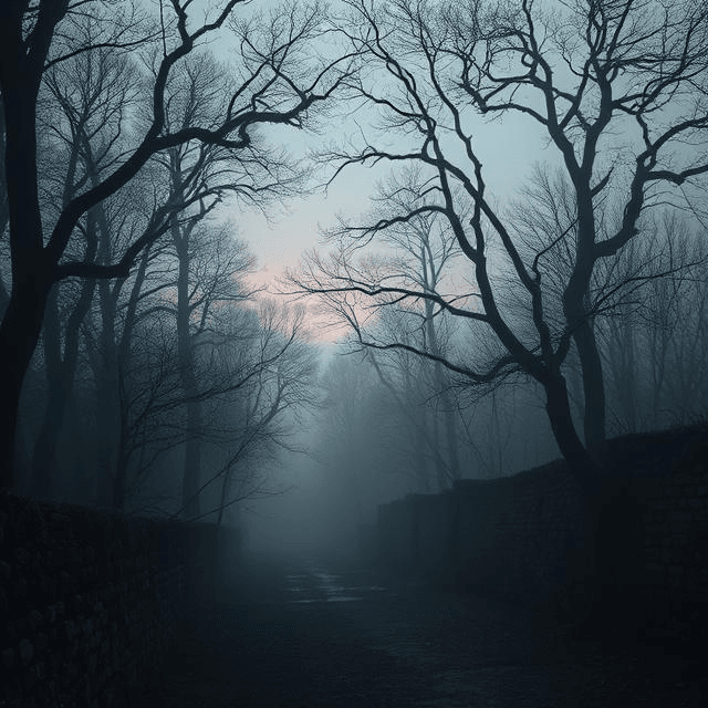 Foggy forest with ghostly settlers over cellar holes, hinting at the Dudleytown curse in a lost Connecticut village.