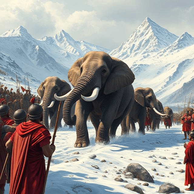 Hannibal Barca guiding war elephants across the Alps, a revolutionary tactic in military history.