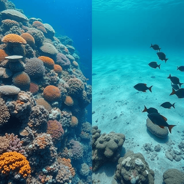 Illustration of coral reef collapse showing a healthy ecosystem versus a climate change ecosystem collapse.