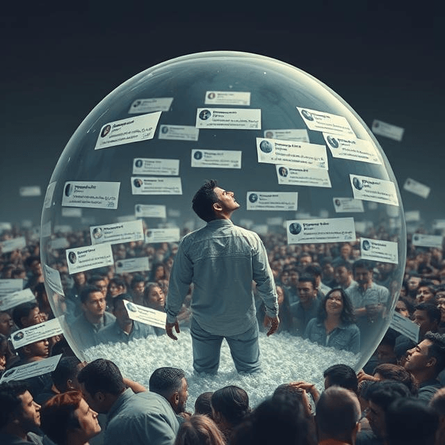 Surreal artwork of a person in a social media echo chamber dome, surrounded by echoing notifications, isolated from diverse perspectives.