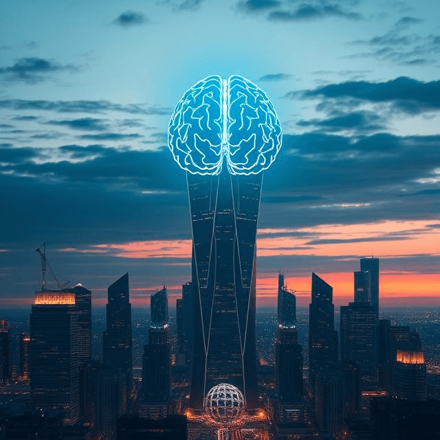 Futuristic city with Artificial General Intelligence brain symbolizing human-level AI advancements