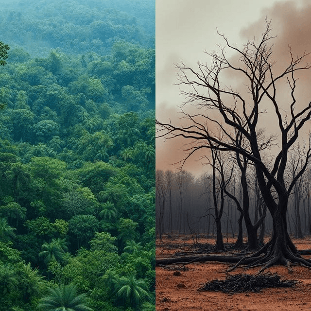 Mass Extinction: Split-screen image contrasting a vibrant jungle with biodiversity loss against a desolate scene of habitat destruction.