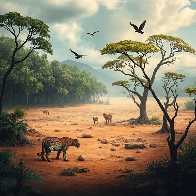 Illustration of habitat destruction showing biodiversity loss as a lush forest turns into a desolate landscape.