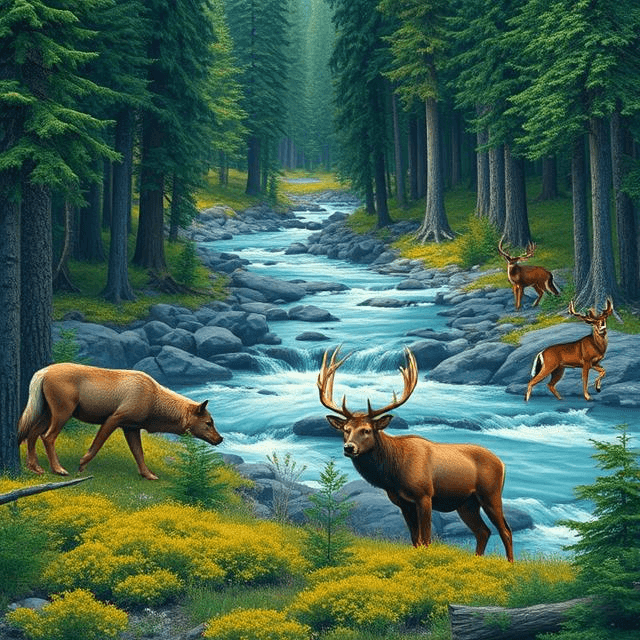 Wolves maintaining ecological relationships to prevent biodiversity loss in a thriving forest.