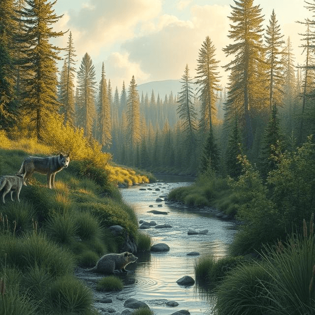 Illustration of conservation efforts showing a thriving ecosystem restored from species decline.
