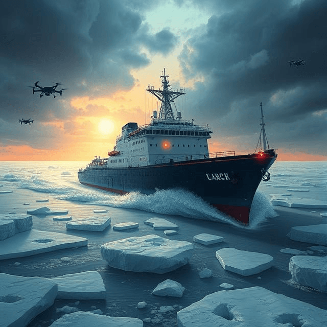Futuristic Arctic technology showcasing icebreakers and drones in the race for Arctic resources and geopolitical competition