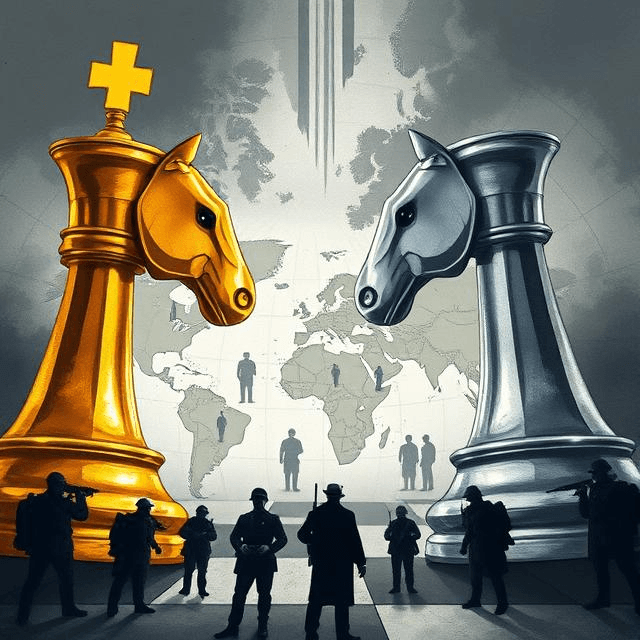 Chess kings symbolizing great power competition and rising powers on a global map, with tension between war and diplomacy.