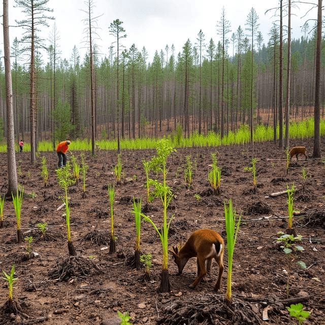 Illustration of ecosystem restoration reversing an ecological collapse with new growth and wildlife.