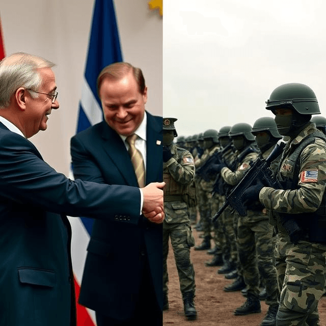 Diplomatic handshake versus military tension, illustrating the balance between peace and conflict in great power competition and rising powers.