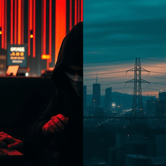 Split image of a hacker and a city blackout, representing hybrid warfare and conflict evolution.