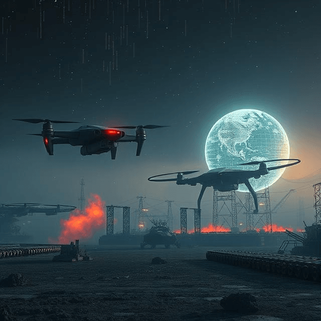 Futuristic scene of AI drones and a hacked satellite, illustrating the future of proxy wars and hybrid warfare.