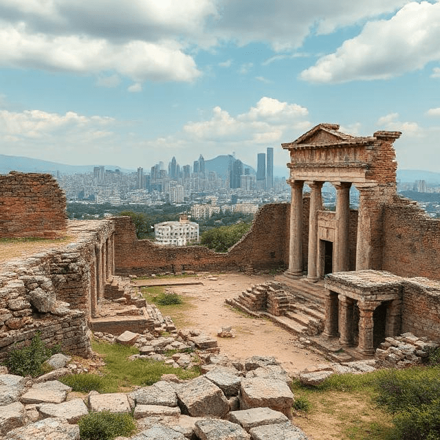 Bronze Age Collapse ruins blend into a modern civilization decline skyline.