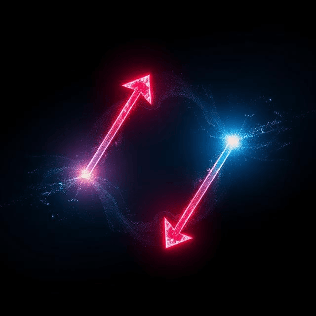 Quantum particle revealing two arrows of time in the quantum realm, depicted as glowing arrows diverging in a cosmic void.”