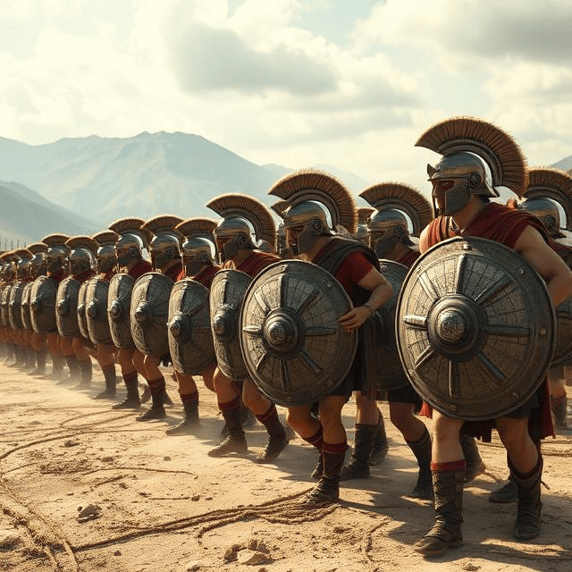 Spartan military in phalanx formation, ready for ancient warfare on a rugged battlefield.