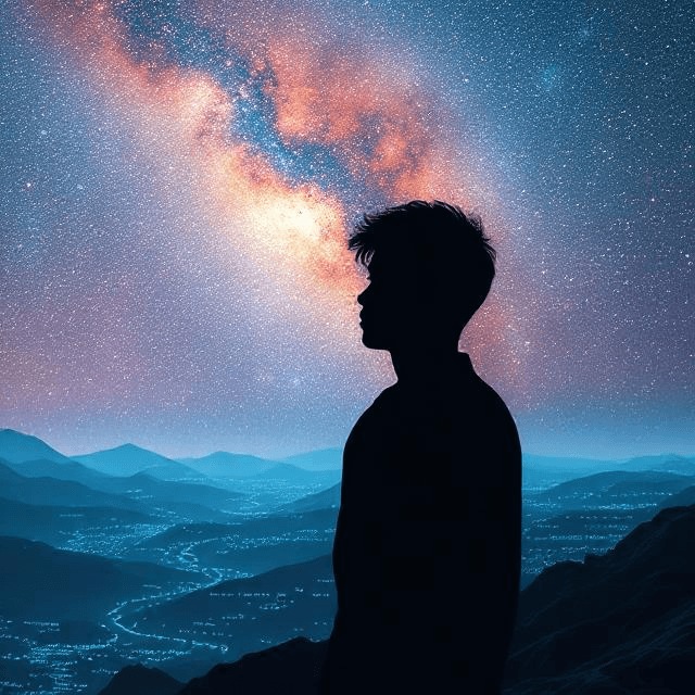 A human silhouette against a starry, pixelated sky, merging simulation theory and reality physics in a futuristic scene.