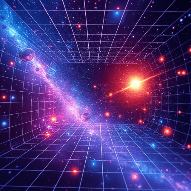 A pixelated representation of reality physics showing a grid of spacetime and quantum particles, hinting at simulation theory.